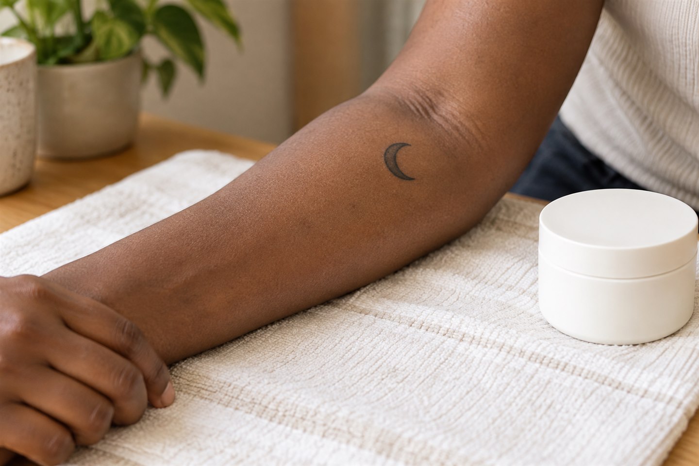 A small healed crescent tattoo on a forearm beside a towel and a plain closed moisturizer container.