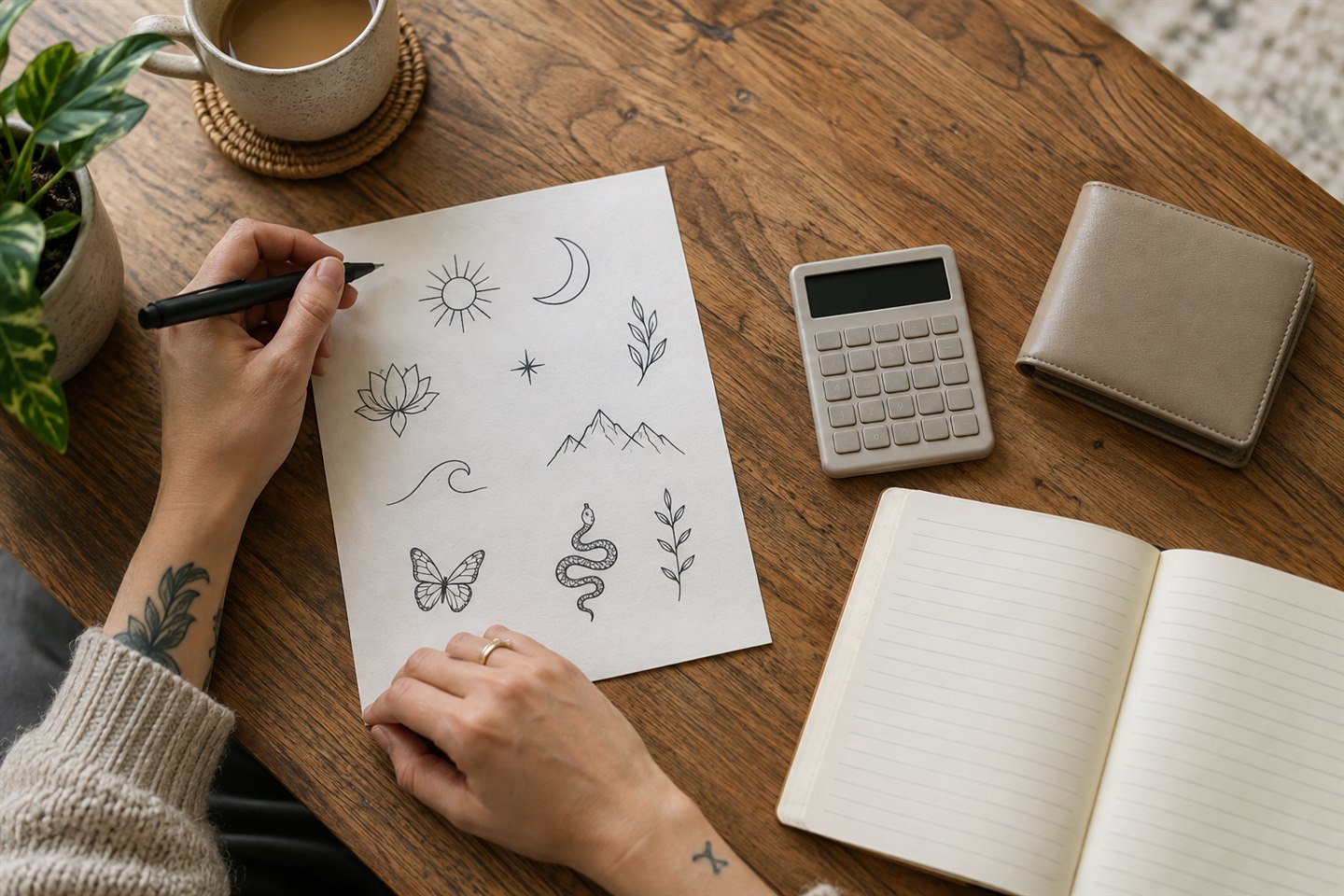 Tattoo design sketches, a calculator, a wallet, and a notebook arranged for planning an appointment budget.