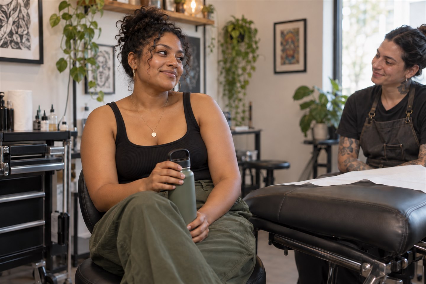 A client takes a water break while talking with a tattoo artist in a welcoming studio.