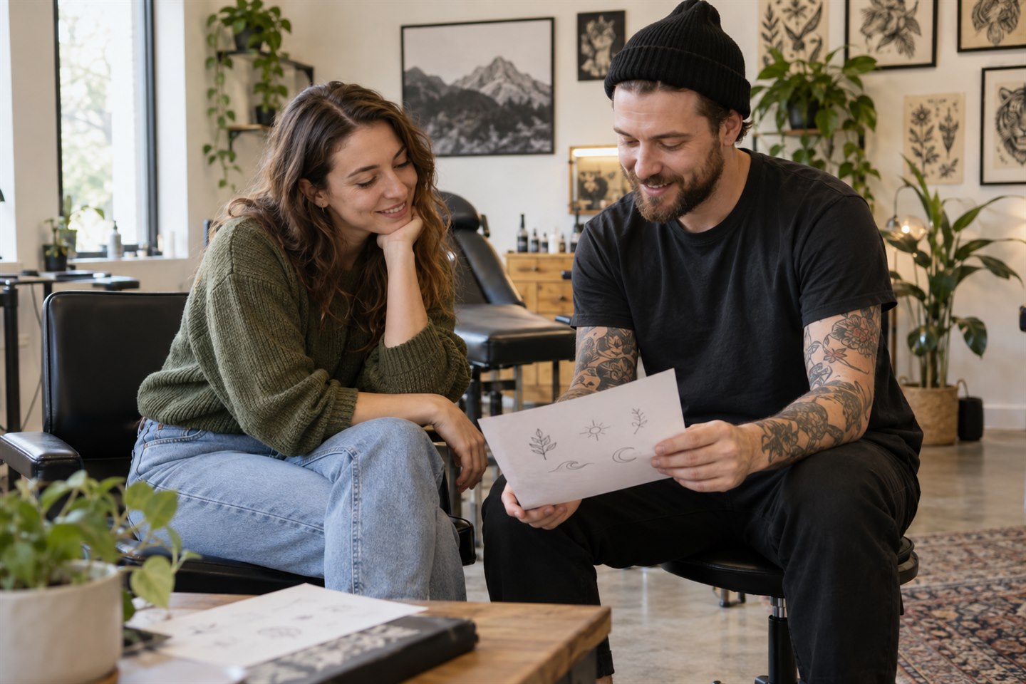 A client and tattoo artist discuss small design ideas together before an appointment.