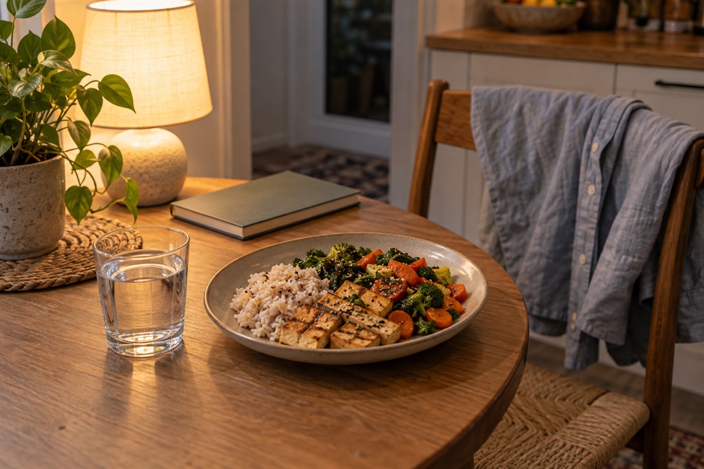 Dinner and a glass of water on a quiet evening, with a loose shirt set out nearby.