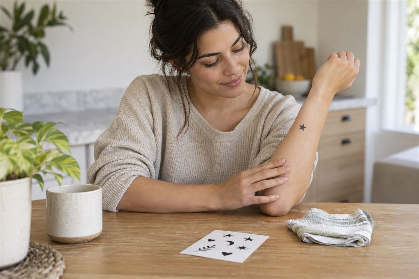 An adult takes time to consider a temporary star tattoo before choosing a permanent design.