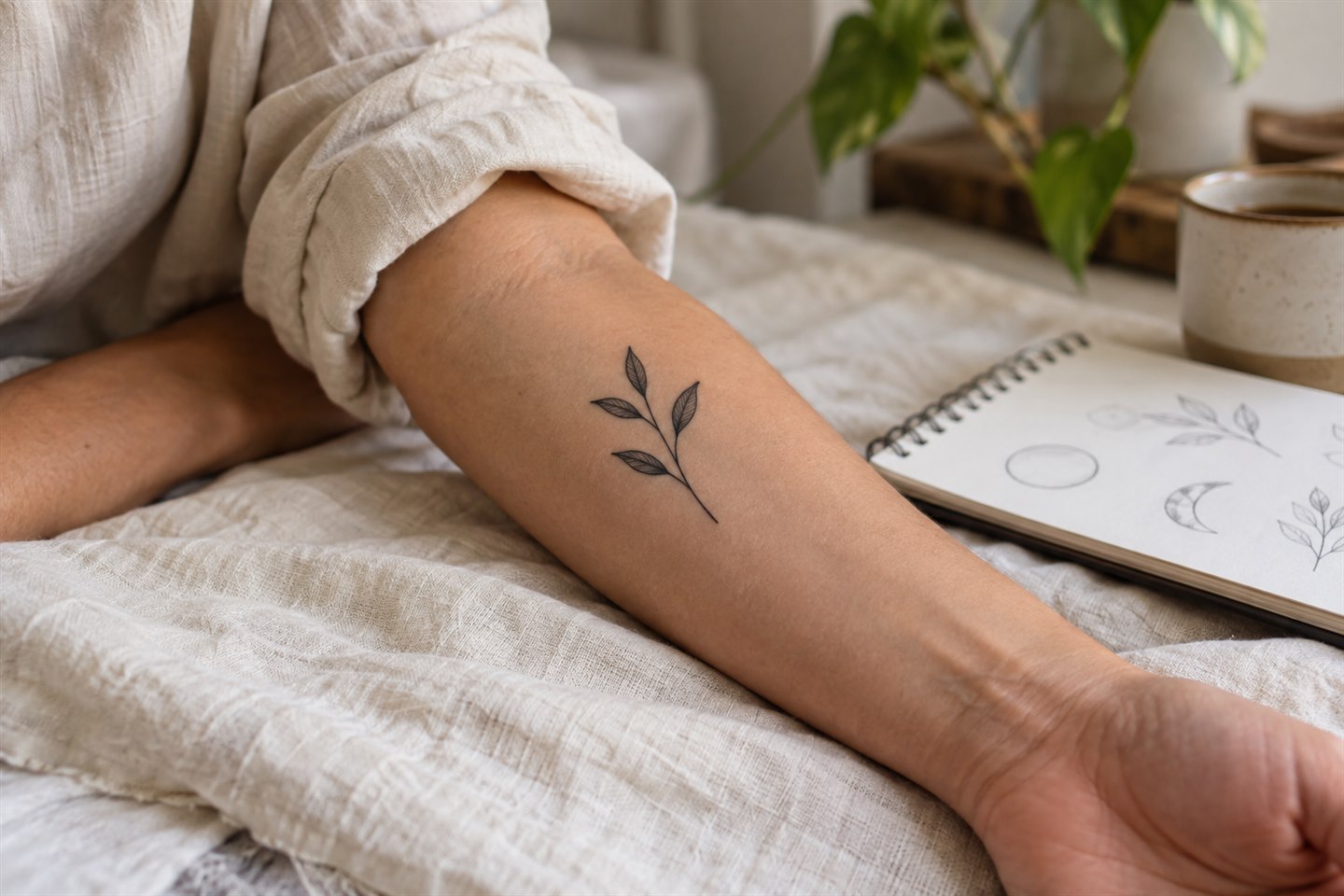 A small black botanical tattoo on a forearm beside a notebook of simple design ideas.